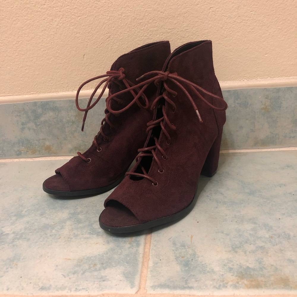 Purple laced open-toe booties